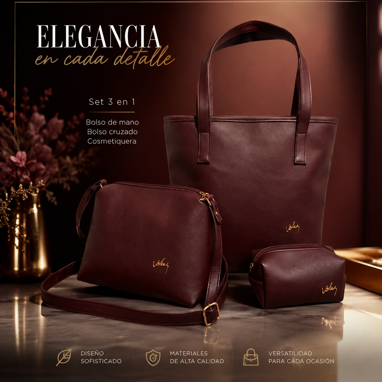 TRÍO DE BOLSOS VÉLEZ CUERO LEGÍTIMO - 60% DE DESCUENTO